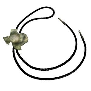 Texas State Shape Silver Metal Vintage Bolo w/Silver Tips & Black Leather Cord